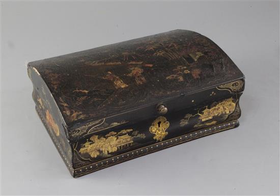 A Chinese export polychrome lacquer dome top casket, early 18th century, width 27.5cm